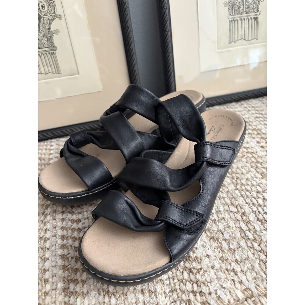 Clarks Collection Slide Sandals 7.5 WIDE Black Twisted Strap Wedges Comfort Shoe